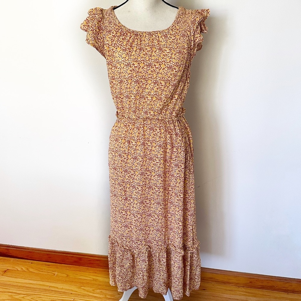 Yellow floral bohemian flowy Universal Thread midi dress, lined, pockets, large